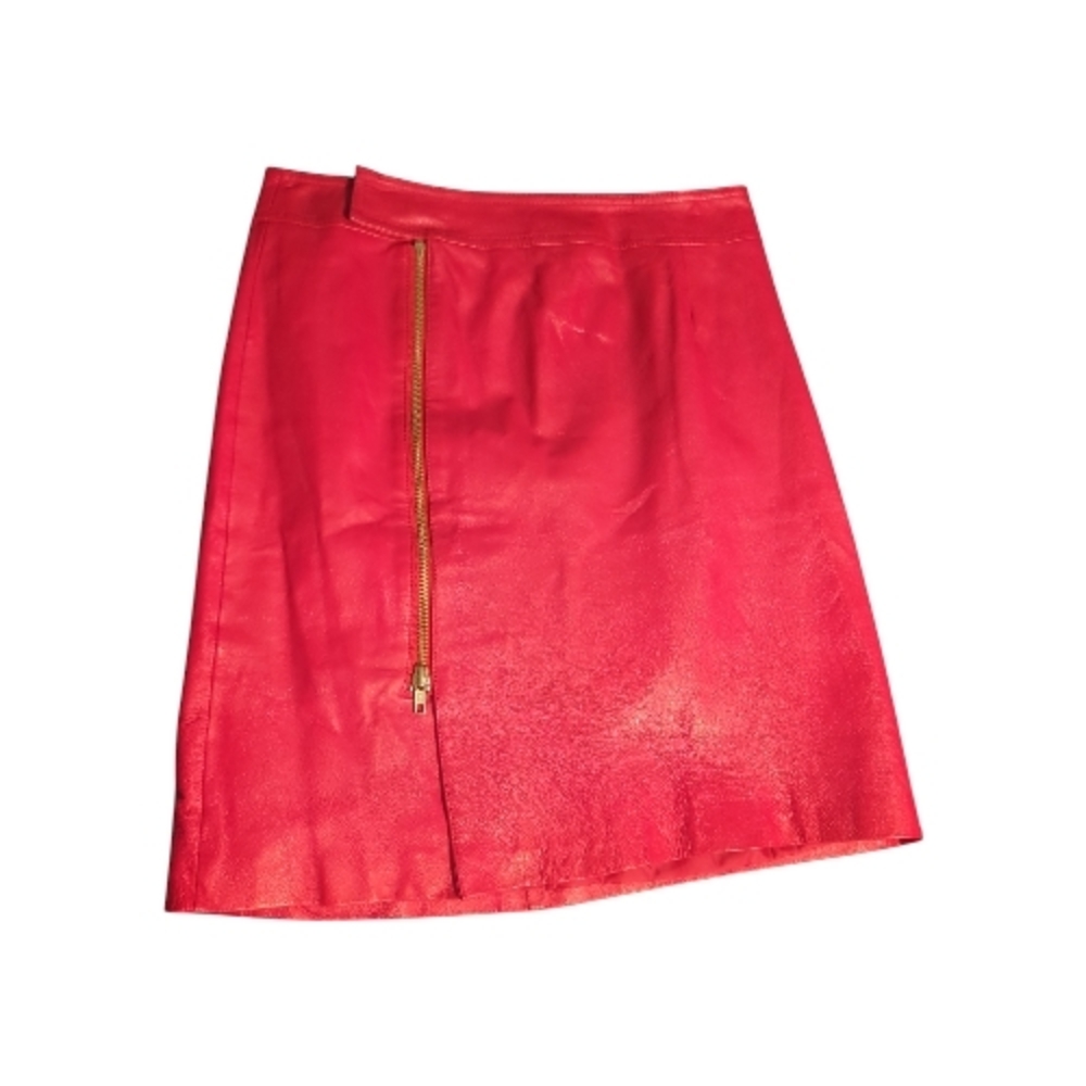 Red 100% Leather Knee Length Moto Skirt Sz 12 Grunge Edgy Y2K Indie Sleeze Rave